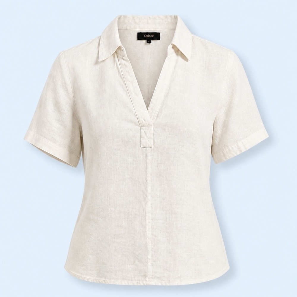 Quince 100% European Linen Popover Blouse White SS V Neck Top Women's S EUC